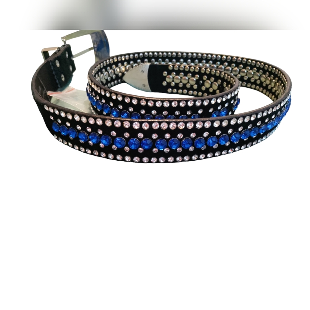 Leather Belt - Blue, Silver, Rhinestone